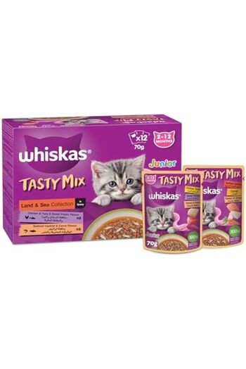 Whiskas Junior Tasty Mix, Land and Sea Collection in Gravy, Pack of 12x70g, Wet Cat Food For Kittens