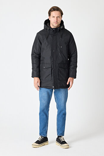 STONCS Men's Black Hooded Parka
