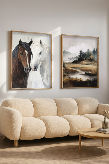 STARYUNA Oil Painting Effect Horse Painting, Wooden Framed Horse Double Painting Set Yuna409