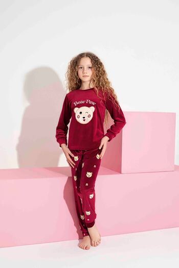 Tarık Girl Teenager and Children Teddy Bear Pattern Long Sleeve French Velvet Fabric Winter Warm Pajamas Set