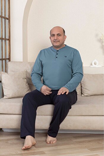bie's Erkek Mavi Büyük Beden 3 Düğmeli %100 Pamuk Mevsimlik Uzun Kol Cepli Pijama Takımı