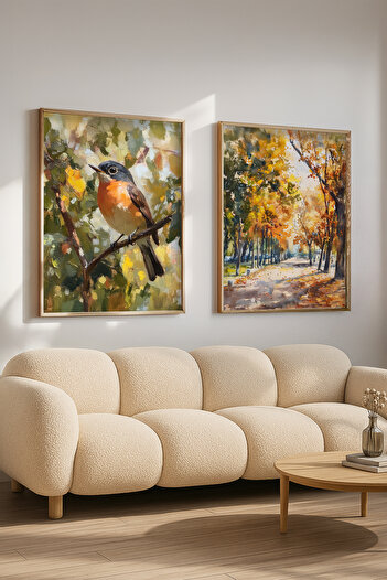 STARYUNA Wooden Framed Oil Painting Effect Bird and Autumn Double Painting Set Yuna417