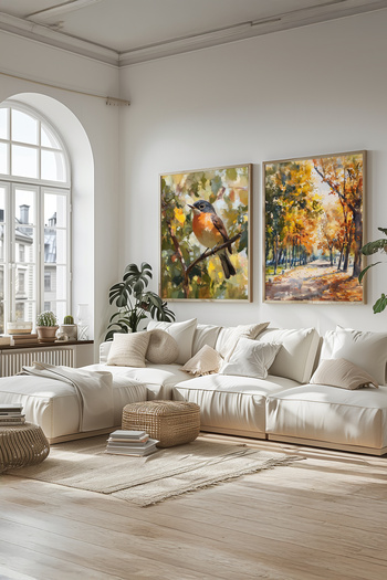 STARYUNA Wooden Framed Oil Painting Effect Bird and Autumn Double Painting Set Yuna417
