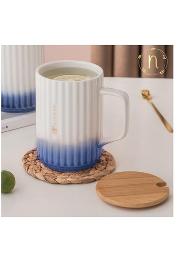 Nestasia White and Blue Ombre Ceramic Coffee Mug with Wooden Lid and Golden Spoon Set of 1, 450ml C