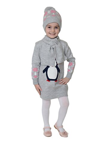 Sevimli Girl's Winter Dress Penguin Embroidered Beanie and Scarf 3-Piece Set