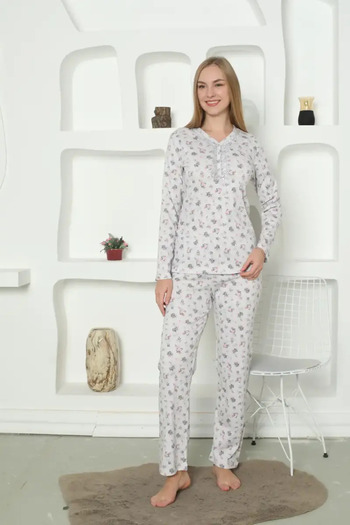 ALİMER Ada Teks Çiçek Desenli Dantel Yakalı Uzun Kollu Penye Pijama Takımı