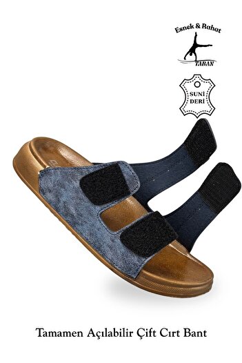sermoda Men's Double Velcro Leather Slippers – Comfortable Daily Slippers with Flexible Soles C Navy Blue