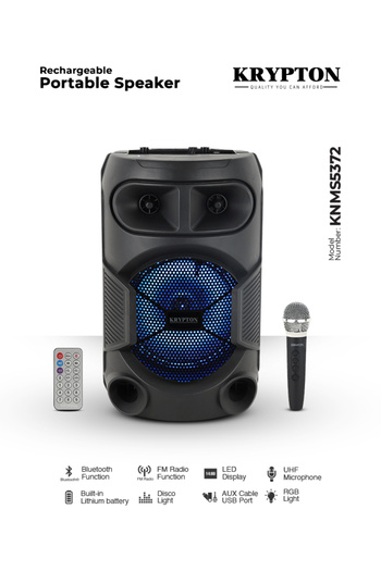 KRYPTON مكبر صوت بلوتوث مع ميكروفون لاسلكي، USB/FM، أضواء RGB، 20000 واط PMPO، وقت تشغيل 6 ساعات