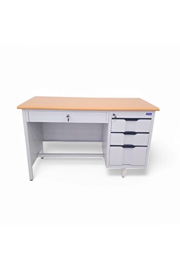 concent Office desk with iron drawers - wood top and gray iron frame with sliding drawer