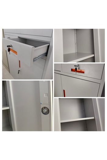 concent Concent 4-Door Iron File Cabinet with Glass and Metal and 2 Middle Drawers, Grey