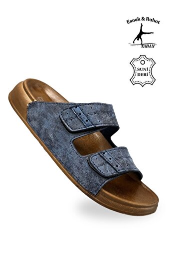 sermoda Men's Double Velcro Leather Slippers – Comfortable Daily Slippers with Flexible Soles C Navy Blue