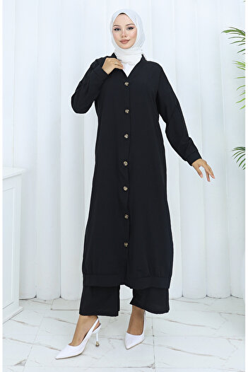 sefamerve Buttoned Cardigan and Trousers Two-Piece Set 0138-01 Black
