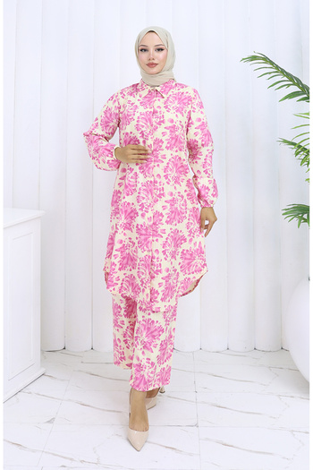 sefamerve Patterned Tunic Trousers Double Set 0126-04 Pink