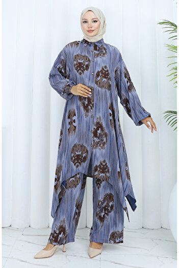 sefamerve Viscose Fabric Tunic Trousers Double Set 2143-05 Navy Blue
