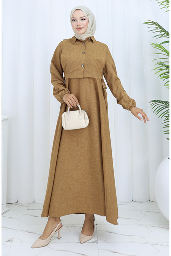 sefamerve Linen Vest Dress Two-Piece Set 2141-07 Tan
