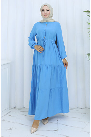 sefamerve Viscose Fabric Half Button Dress 0085-10 Blue