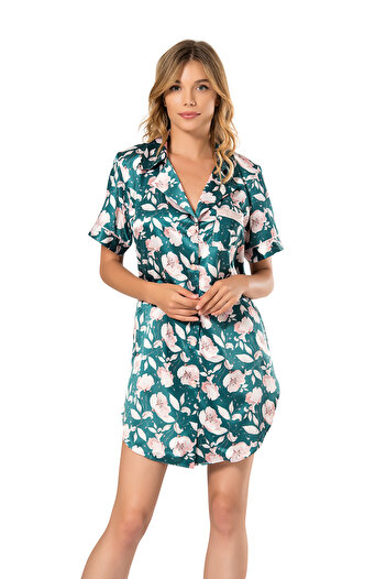 Stylish Elegant short nightgown in royal green, made of soft satin, decorated with rose prints for a charming feminine touch.