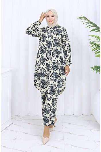 sefamerve Patterned Tunic Trousers Double Set 0126-03 Black