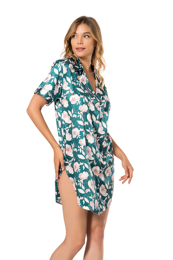 Stylish Elegant short nightgown in royal green, made of soft satin, decorated with rose prints for a charming feminine touch.