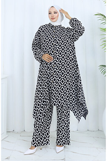 sefamerve Viscose Fabric Tunic Trousers Double Set 2144-01 Black White