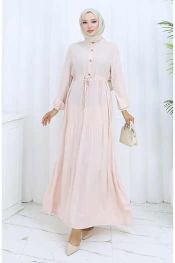 sefamerve Viscose Fabric Half Button Dress 0085-12 Powder