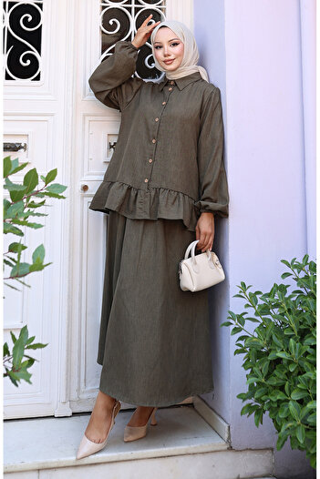 sefamerve Ruffled Tunic Skirt Two-Piece Set 0146-01 Dark Khaki