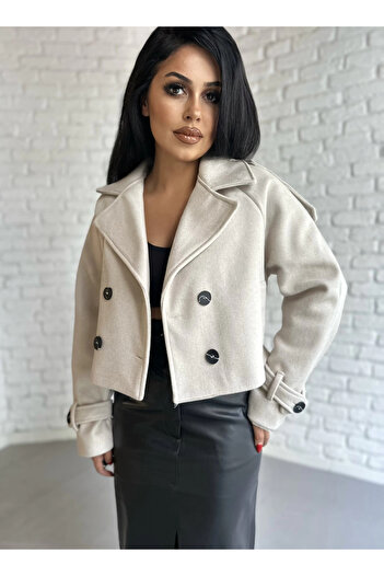 moneta boutique Women's Lined Short Cashmere Coat with Belted Sleeves