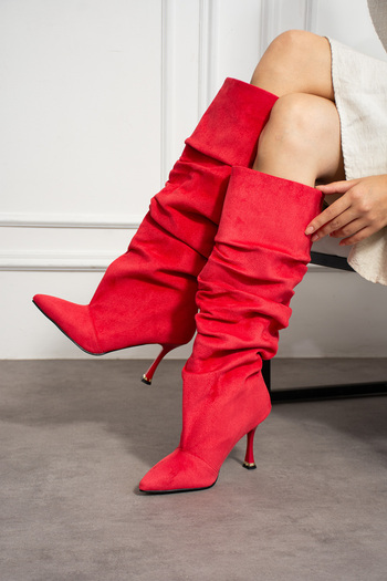 BERFONA Venice Red Calf Suede Extra Wide Toe Box Thin Heel Boots