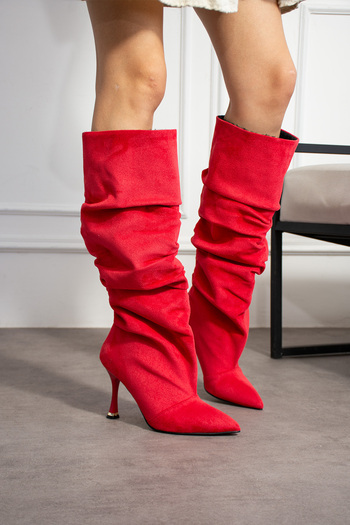 BERFONA Venice Red Calf Suede Extra Wide Toe Box Thin Heel Boots
