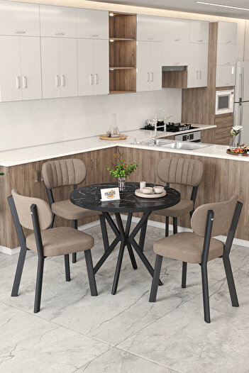 Mygusi Gnr 90cm Sabit Siyah Mutfak Masası Takımı, Yemek Masası, 4 Modern Cappucino Sandalye