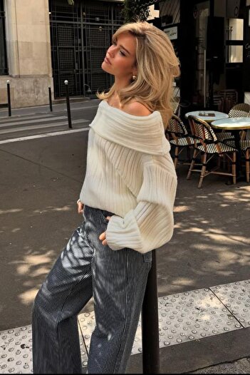 ELBA STİL Ecru Madonna Collar Women's Sweater