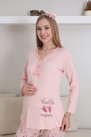 Lohussa Women's Salmon Special Design Patterned Long Sleeve Cotton Maternity Pajama Set