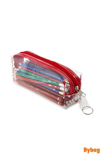 BYBAG Red Zippered Quality Pvc Transparent Pen Holder Makeup Bag Pencil Case