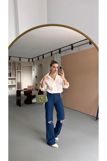 Sezgi Tekin Leg Tassel Detail Navy Blue Straight Jeans