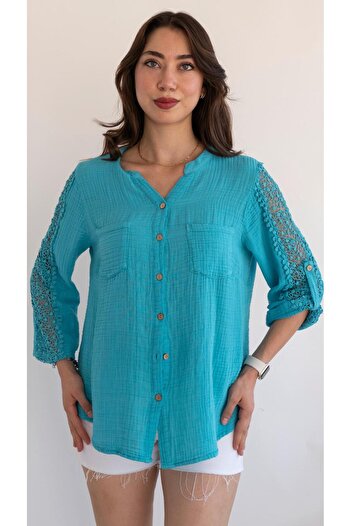 QYA Clothing Geniş Beden Otantik Pamuk Kol Dantel Detaylı Müslin Gömlek