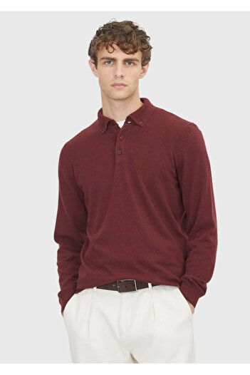 Ramsey Burgundy Polo Neck Plain Knit Wool Blend Sweater