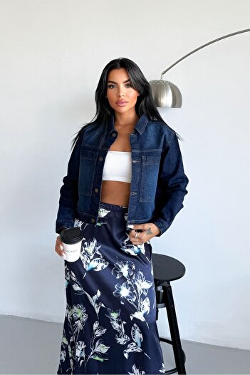 HLT JEANS Kadın Koyu Mavi Jean Denim Regular Kalıp Cepli Düğmeli Kot Ceket DİANA-5003