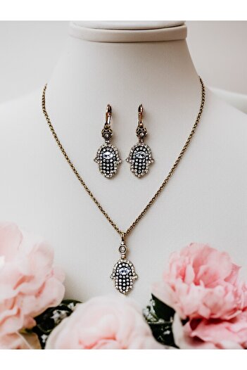 FAYRA ACCESSORIES Zircon Stone Fatma Ana Hand Necklace and Earring Set