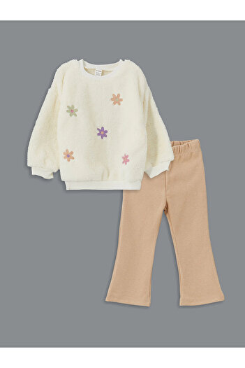 LC Waikiki Lcw Kids Beige Crew Neck Embroidered Long Sleeve Girls Sweatshirt & Leggings