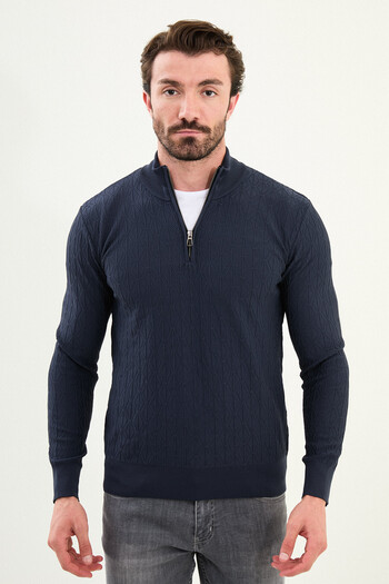 Mcr Patterned Slim Fit Zippered Half Turtleneck Men's Knitwear Sweater Navy Blue - 11569.25K