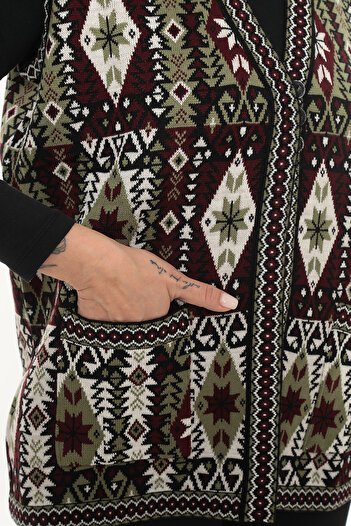 İKSUN Women's Ethnic Style Knitwear Knitted Kilim Pocketed Winter Thick Mother Vest