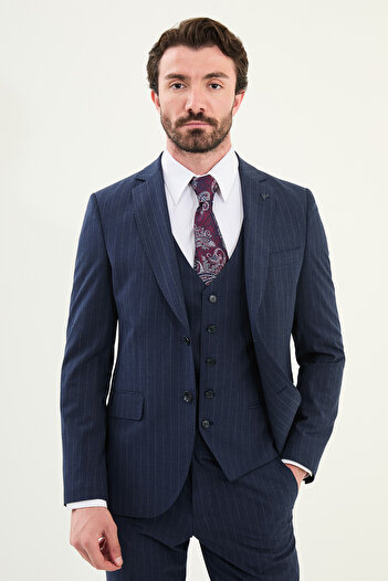 Mcr Striped Slim Fit Mono Collar Wool Men's Suit Navy Blue - 45401.25Y