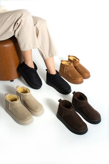 Firibu Γυναικείες μπότες Mini Tan Suede με επένδυση από γούνα και χοντρή σόλα σε προσφορά