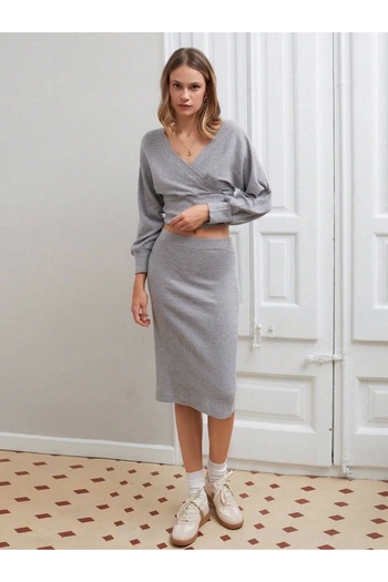 By Mop Gray double-breasted suit with raised skirt