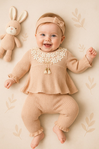 Ozz Baby 0-3 Months Baby Girl Newborn, 5-Piece Hospital Release Bodysuit Set with Cuffed Collar and Beaded Bow on the Front