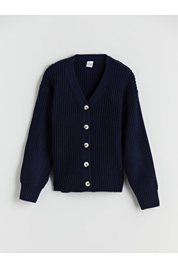 LC Waikiki Navy Blue V-Neck Girl's Knitwear Cardigan