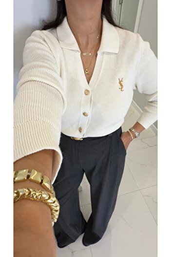 BİRCANÇİL Usse Ecru Polo Collar Gold Button Detailed Cardigan