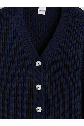 LC Waikiki Navy Blue V-Neck Girl's Knitwear Cardigan