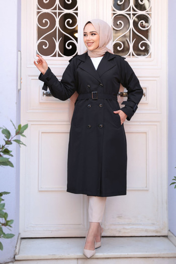 N.S NEVA STYLE Black Hijab Trench Coat with Buckle Belt 26412S