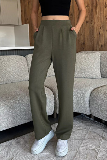 julude Khaki Women's Elastic Waist High Waist Palazzo Trousers